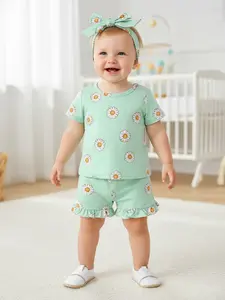 Summer Floral Print T-Shirt and Shorts Set for Baby Girls, Short Sleeve Daisy Design with Headband for Infants Aged 6-36 Months