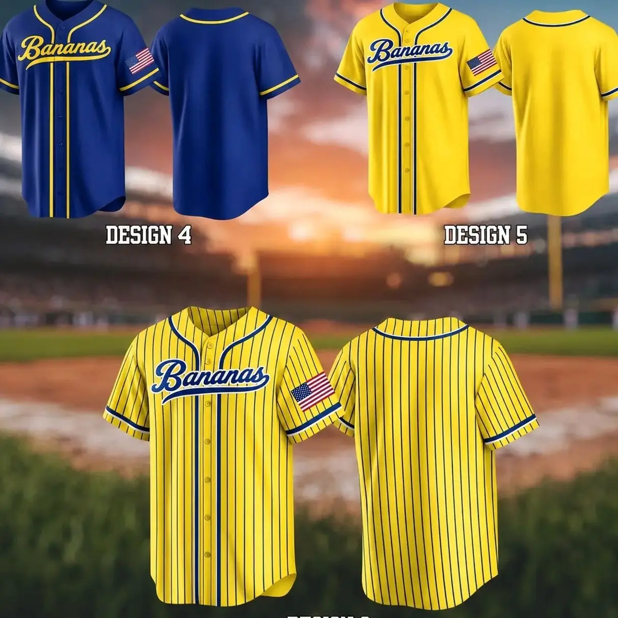 Yellow & Blue Baseball Jersey, Pinstripe Sports Shirt, Unisex Game Day Outfit, Tropical Fruit Baseball