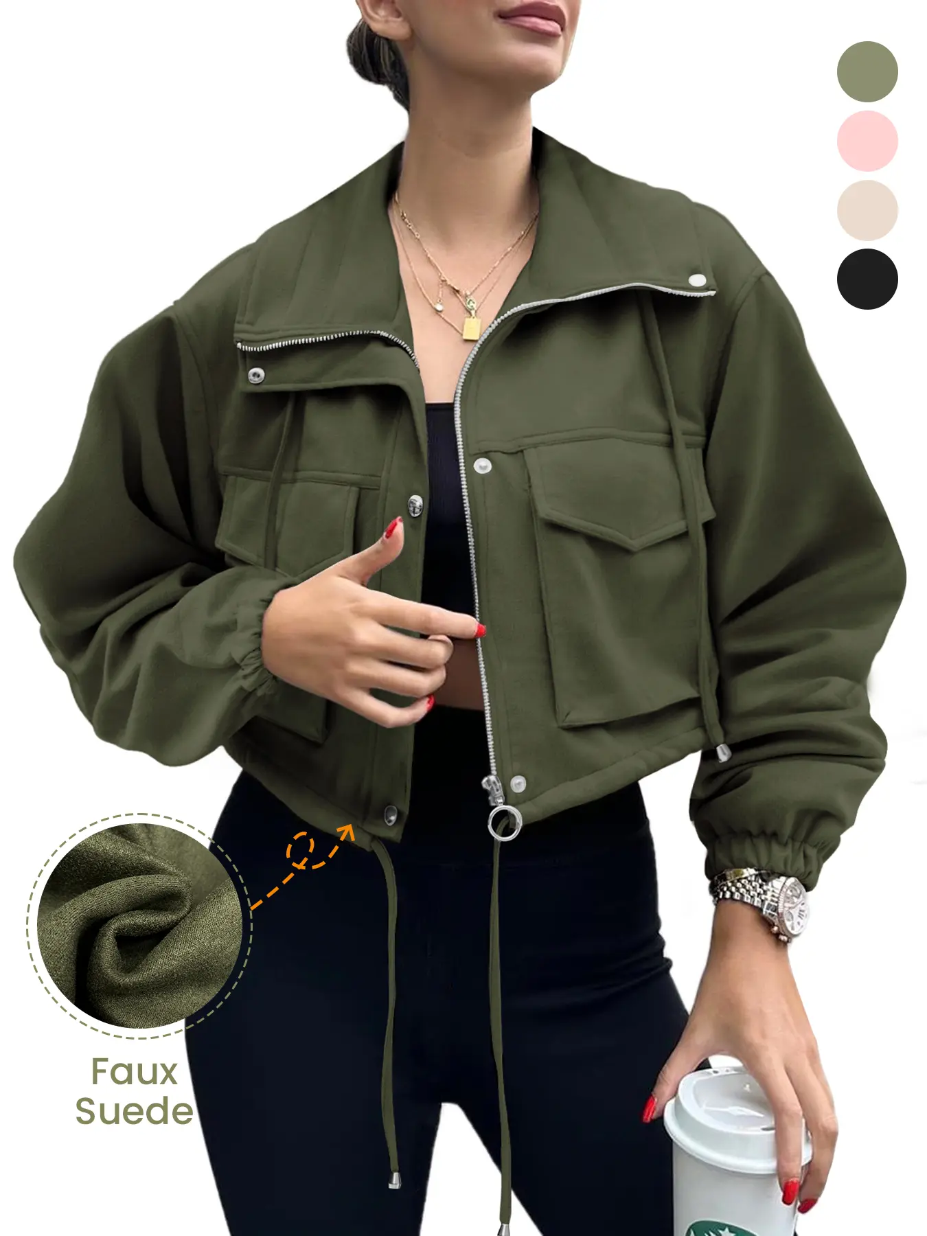 Renaishow Women's Fitted Cropped Faux Suede Zip-Up Long Sleeve Plain Anorak Coat, Outerwear with Pockets & Buttons - Casual, Stylish Tops for Everyday Use, Hangable Utility Jacket