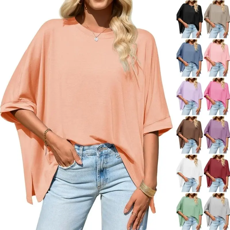 ARTFREE Womens Oversized Tshirts Batwing Short Sleeve Asymmetric Hem Tops Summer Casual Loose Fit Tunic Tee Shirts