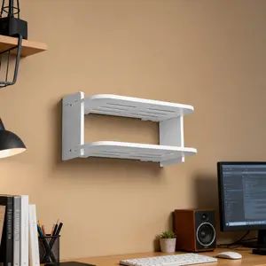 2-Tier Wall-Mounted WiFi Router Organizer with Ventilated Router Shelf, Set-Top Box and Optical Modem Storage Compartment, Featuring Open Shelves, No Assembly Required