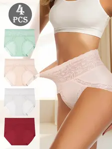 QUASTI Women's 4Pcs Mix Colors High Waist Briefs Basic Lace Elegant Underwear Fashionable Style Comfortable Light High Elasticity Briefs Suitable For Dailywear Breathable Absorbing Underwear Size S-XXL Soft Panties Minimalist Colorful Womenswear Everyday