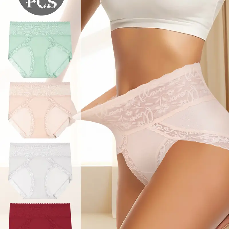 QUASTI Women's High Waist Nylon-Blend Briefs (4 Pcs, Mix Colors) - Lightweight, Breathe-Easy Everyday Wear, Minimalist Design with Lace Detail Adds Charm, High Elasticity, S-XXL