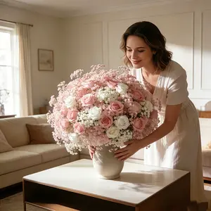 Bridal Bouquet Artificial Flowers with Rose & Baby's Breath | White Pink Faux Blooms for Wedding Ceremony Photo Shoot | Hand-Tied Accent for Adult Brides & Bridesmaids | US Elegant Marriage Floral Supply