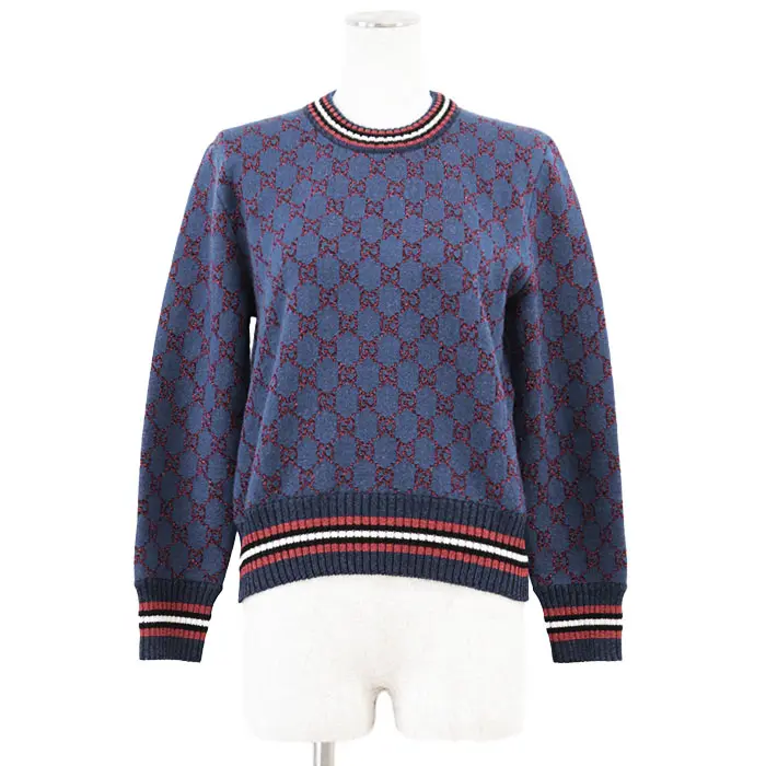 Pre-owned GUCCI Wool Small Leather Goods GG Monogram Metallic Silk Cashmere Sweater