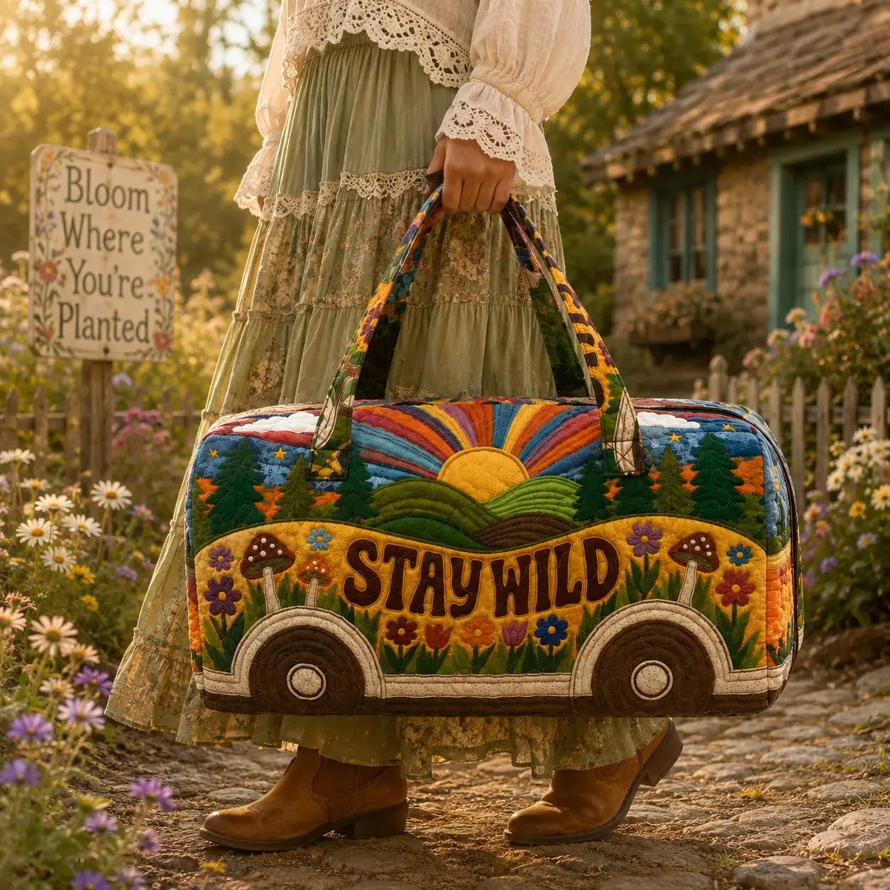 Boho Hippie Travel Bag for Women, Retro Camper Quilted Weekender Tote, Stay Wild Duffle Bag Retro Mushroom Rainbow Overnight Carry On Bag Lightweight Canvas Camping Gym Bag Vintage Aesthetic Travel Tote Gift for Her