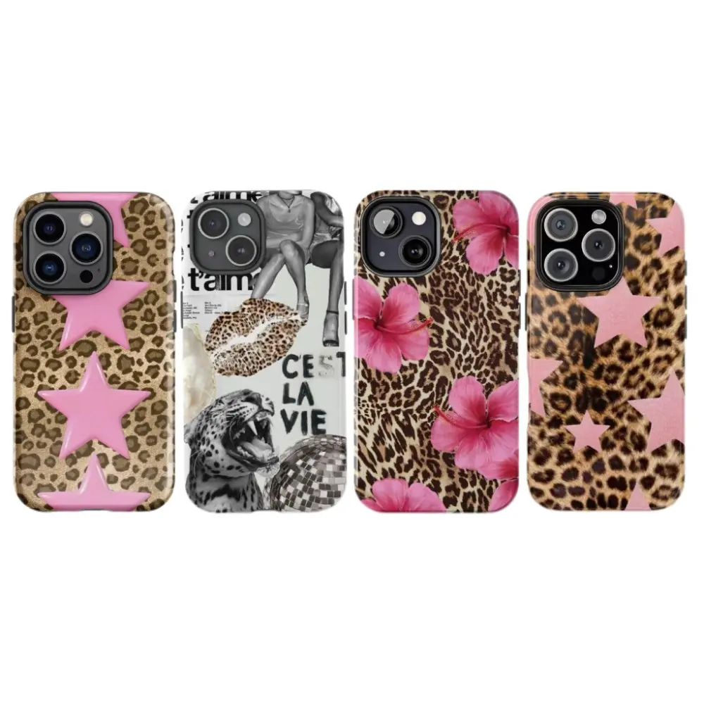 Leopard Collection Print Pink Stars Flowers INS Hot Phone Cases for IPhone 17 Promax Pro Air 16 Plus 15 14 13 12 11 Protective Cover High-Quality Eye-Catching Designs Smartphone Casing