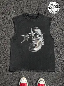 Unisex 100% Cotton Acid Washed Vintage Metallic Face & Star Print Sleeveless Tank Top | Dark Y2K Futuristic Streetwear Top
