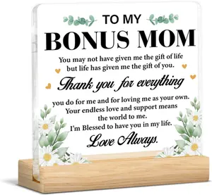 Bonus Mom Gifts From Daughter Son, Thank You Gifts for Stepmother Stepmom Mothers Day Birthday, to My Bonus Mom Acrylic Sign Home Desk Decor