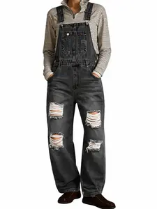 utcoco women's spring and autumn fashionable denim overalls with adjustable shoulder straps ripped distressed jeans Womenswear Suits