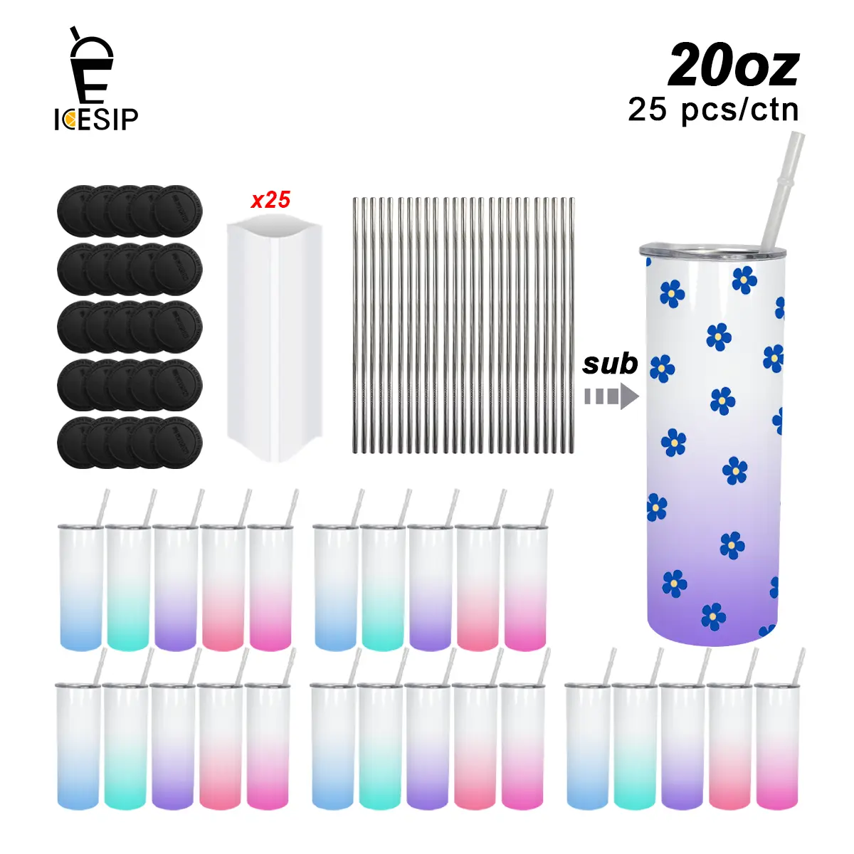 ICESIP 20oz Sublimation Ombre Stainless Steel Tumbler Mug (12/25pcs, 20 oz glass cups*25 Option) with Lids, Gift Detail for Iced Coffee, Festive Party Gifting (Home & Party Supplies)