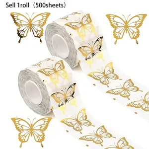 500pcs/1roll Golden Butterfly Self-Adhesive Stickers, High Quality Golden Foil DIY Gift Box Wrapping Party Decoration Stickers, party decoration，party supplies