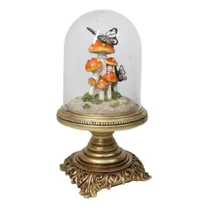 Toadstool Mushrooms Forest with Monarch Butterflies in Glass Cloche Figurine 11"H