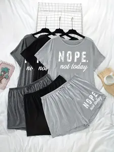 【Plus Size】 Letter Print Tee & Shorts Pajamas Set, Casual Comfy Round Neck Short Sleeve T-shirt & Shorts Loungewear Set, Women's Sleepwear for All Seasons