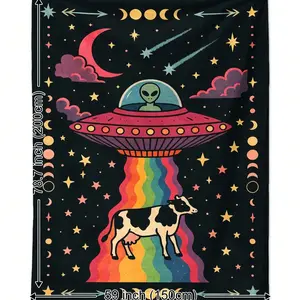 Vintage Mystery Blanket with Alien Ufo Abduction Cow Rainbow Light Beam Sun Moon Design, Cozy All-Season Throw for Living Room Sofa Bedroom