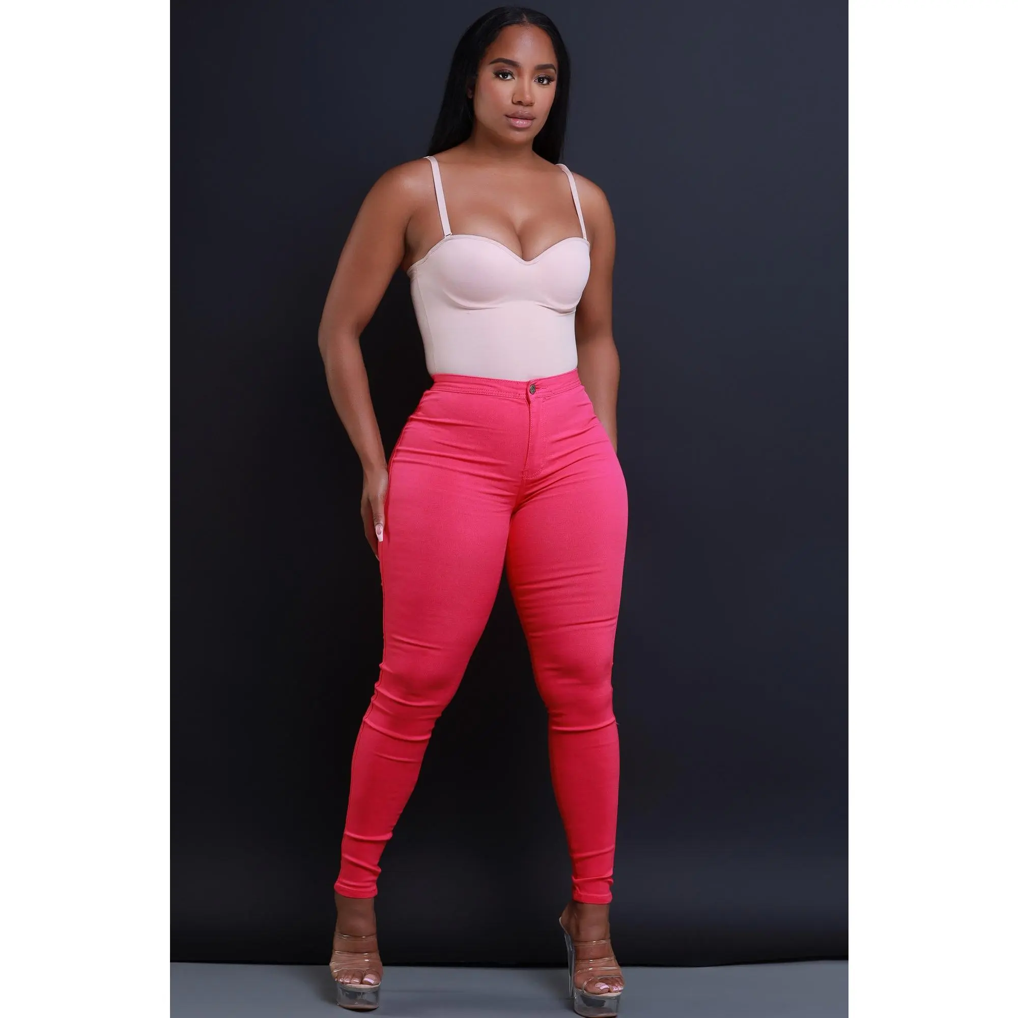 Super Swank High Waist Stretchy Jeans - Fuchsia