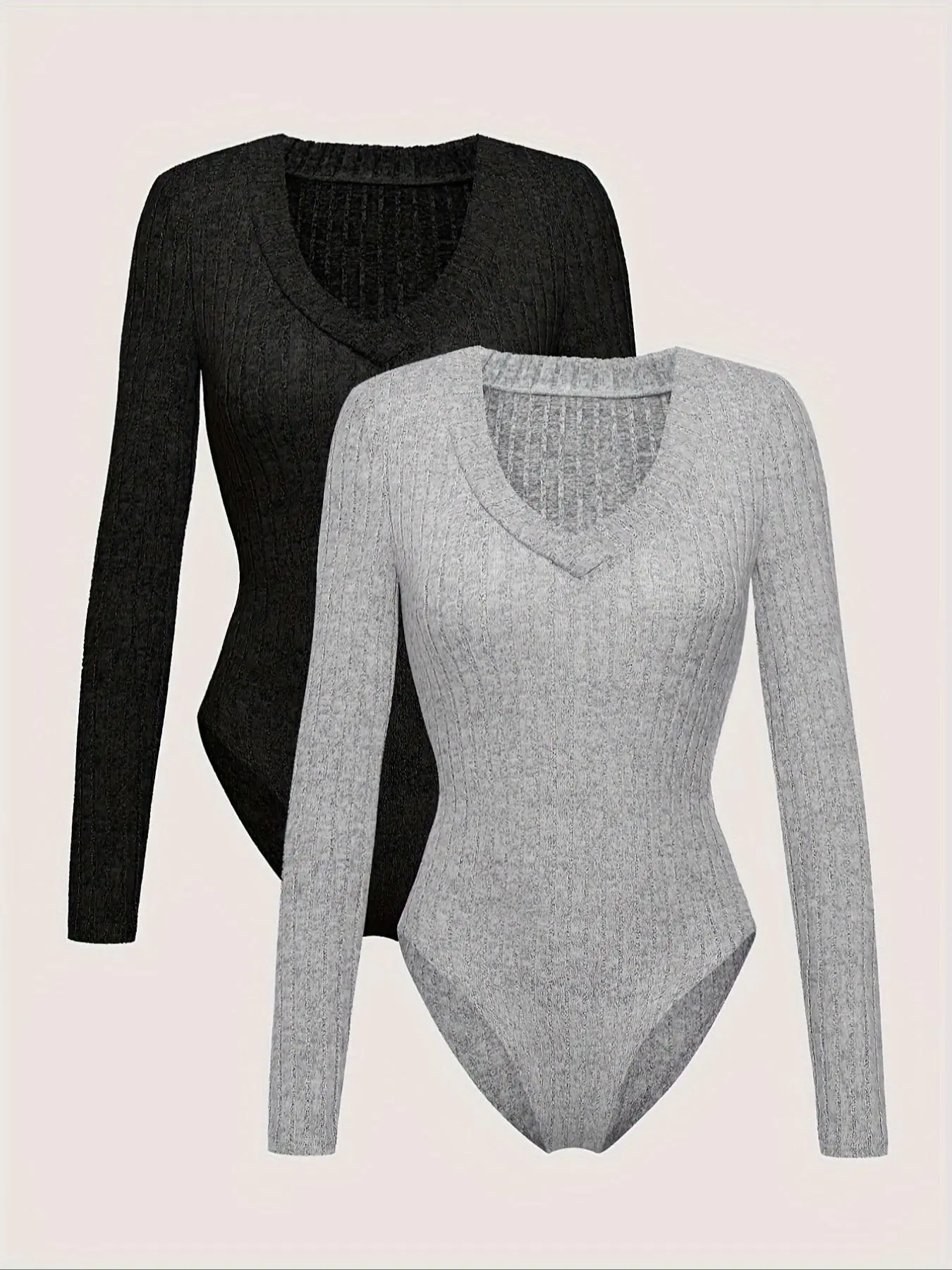 Women's Solid Ribbed Long Sleeve V Neck Bodysuit, Casual Comfy Warm Snap Closure Crotch Bodysuit for Fall & Winter, Ladies Clothes for Daily Wear