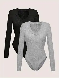 Women's Solid Ribbed Long Sleeve V Neck Bodysuit, Casual Comfy Warm Snap Closure Crotch Bodysuit for Fall & Winter, Ladies Clothes for Daily Wear