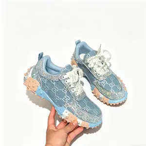 Women's Denim Blue Dad Shoes New Style, Thick Sole Casual Sneakers, Trendy Rhinestone Sport Shoes, Fashionable Comfort Footwear, Lace Up Sneakers