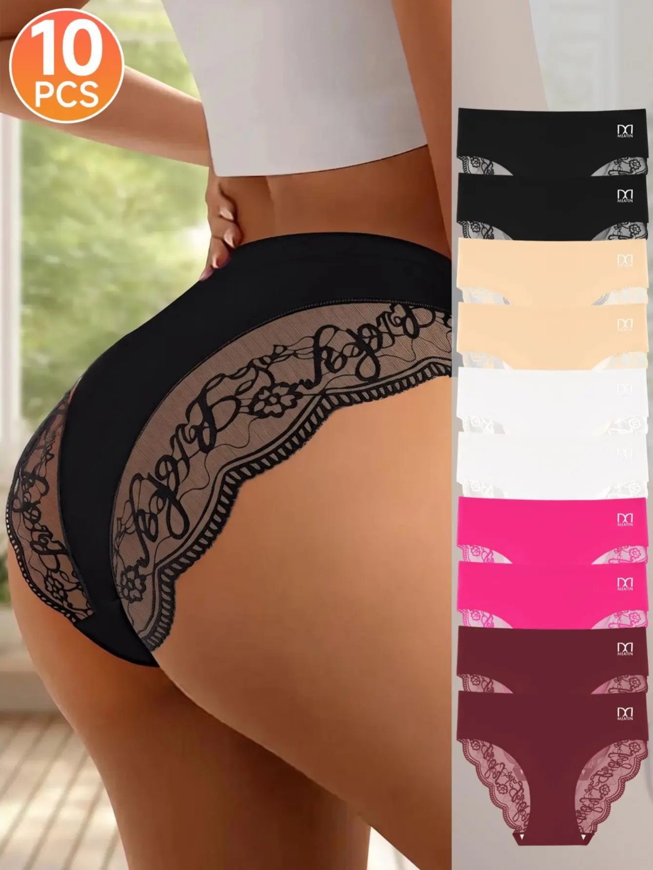 QUASTI S-5XL Women's 4/8/10Packs No Trace Mid-Waist Hipster Underwear, Assorted Color Contrast Lace Sexy Spandex-Blend Stretch Breathable Briefs, No-Show Bikini Underwear, Skin-Friendly Lightweight Comfortable High-Stretch Soft Cool Daily Wear