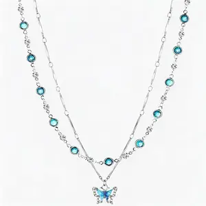 【Authentic】Elegant Blue Double-layer Butterfly Necklace for Women Light Luxury Niche Delicate Choker High-end Layering Collarbone Chain Jewelry Accessories
