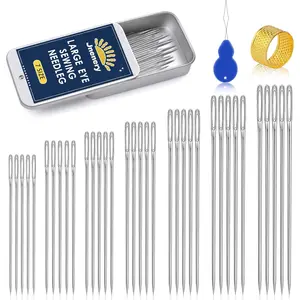 35 Pcs Large Eye Sewing Needles, 7 Sizes Sharp Needles for Handsewing Leather Embroidery, Stainless Steel Yarn Knitting Needles with Threader Thimble for Crafts Repair Quilting