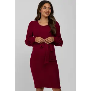 Burgundy Soft Brushed Waist Tie Bubble Sleeve Maternity Dress