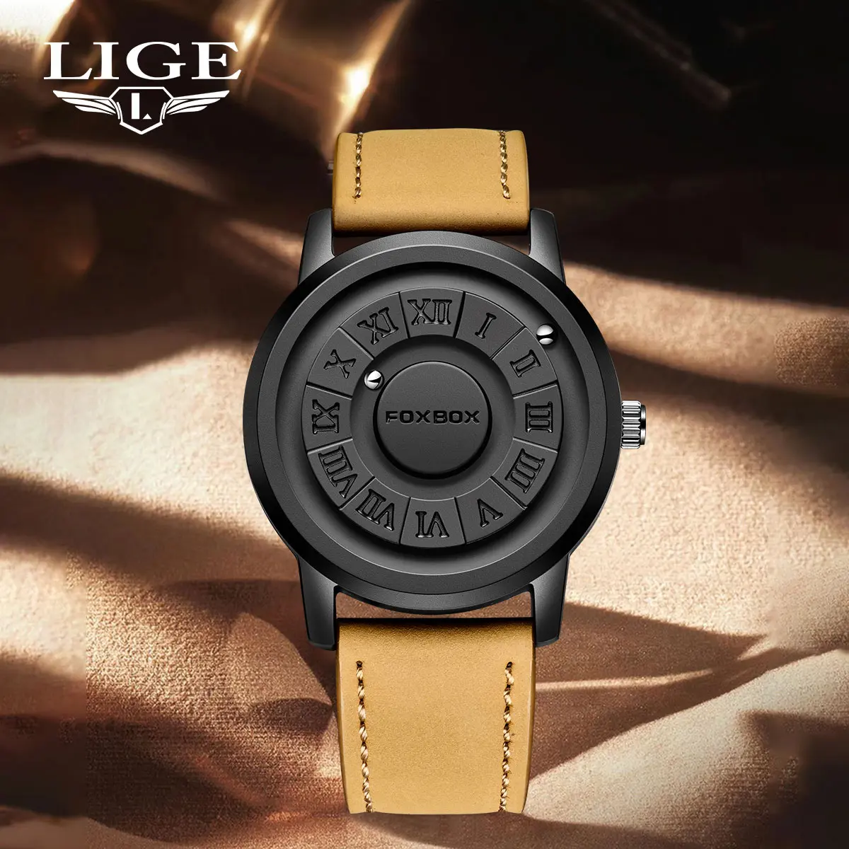FOXBOX 12mm Luxury Look Magnetic Roman Numerals Quartz Watch, Leather Strap Luxury Design, Water-Resistant, Daily Ready Casual Daily Fashion Men's Wristwatch, Luxury Look, Daily Ready