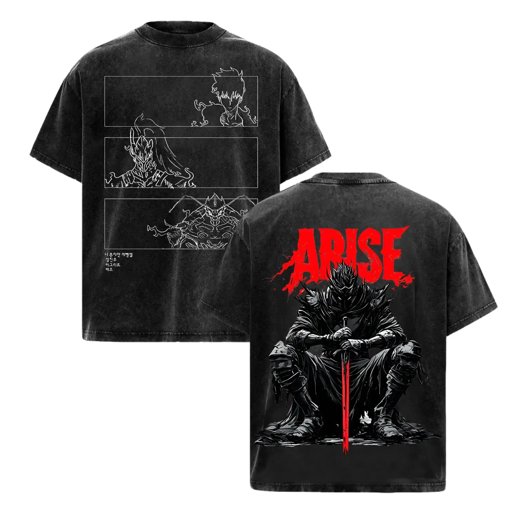 Sung Jin Woo Arise Solo Leveling Shadow Monarch Igris Beru Vintage Washed Cotton Oversized Anime Manhwa T-Shirt, Double Printed Bootleg Graphic Tee, Y2K Aesthetic Retro Unisex Streetwear Gym Pump Cover Acid Wash Faded Otaku Gift TikTok Trend Top