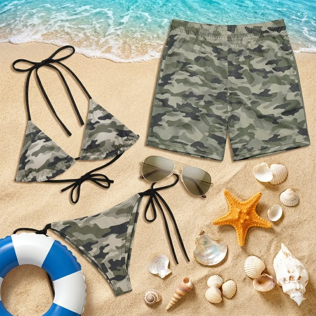 Camouflage Matching Couple Swimwear Set - Green Camo Print Bikini and Men's Mesh Shorts - His and Hers Beach Outfit Gift for Boyfriend Girlfriend