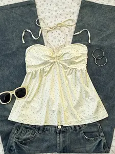 Women's Summer Sexy Floral Print Backless Shoulder Cut Out Halter Neck Sleeveless Fitted Top, Drawstring Tie Front Blouse, Casual Fashion Shirt, Drawstring Sleeveless Tank