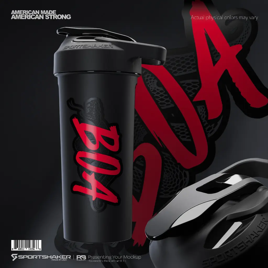 BOA SportsShaker Protein Bottle, Black with Red Logo, Flip-Top Lid