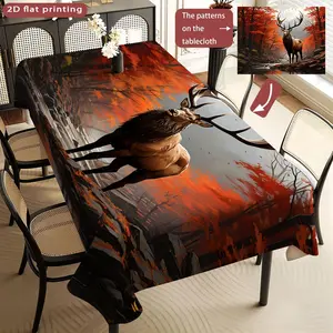 Autumn Forest Deer Print Tablecloth, Polyester Washable, Kitchen Dining Outdoor Picnic Garden Party Decor