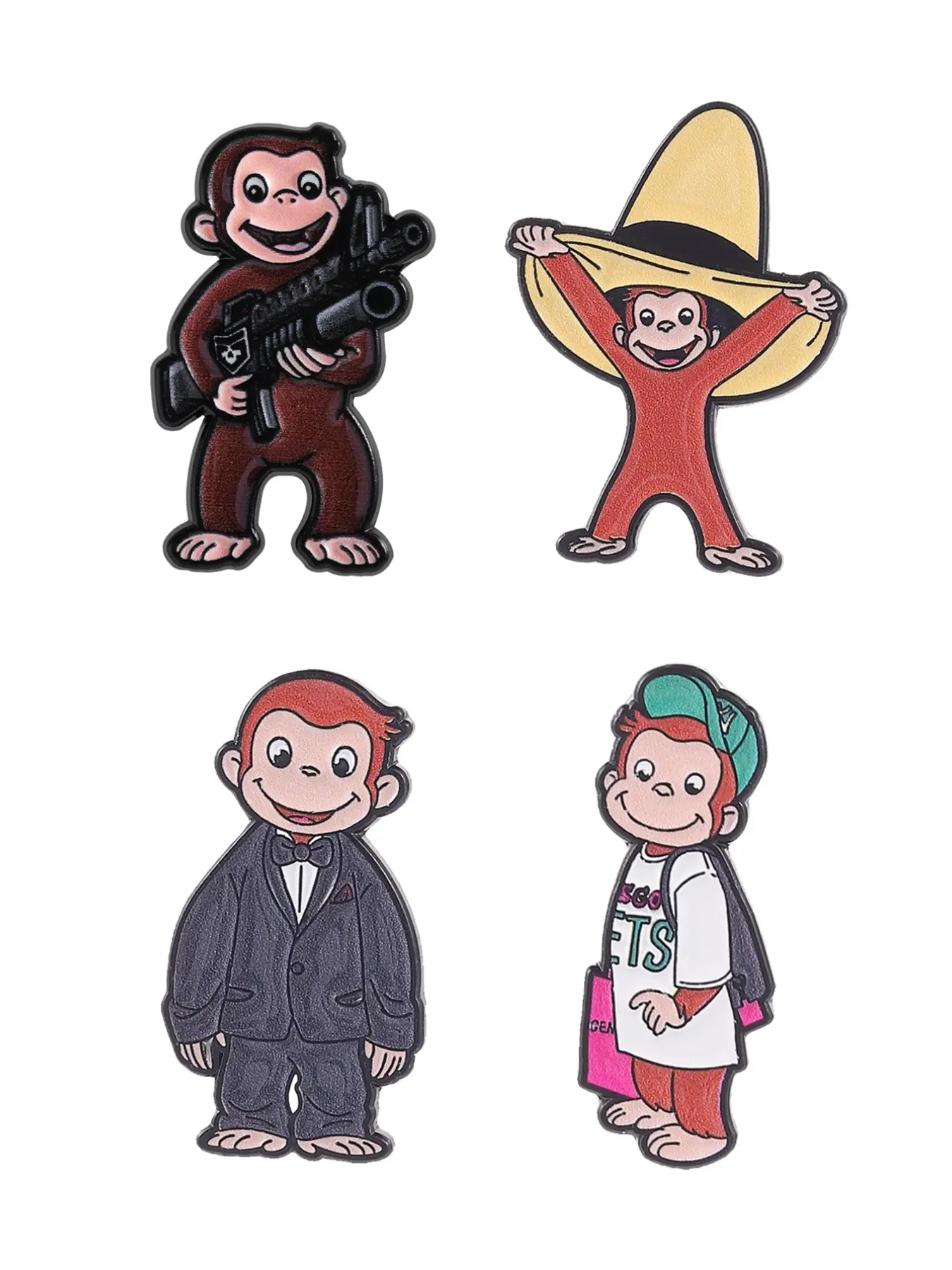 Funny Monkey Four Badge Set, Classic Cartoon Retro Vintage Trendy Style, Cartoon Lover Fashion Accessory, Men Accessories, Fun Collection Gift for Men, Brooches, Lapel Brooch, Pin, Lapel Pins