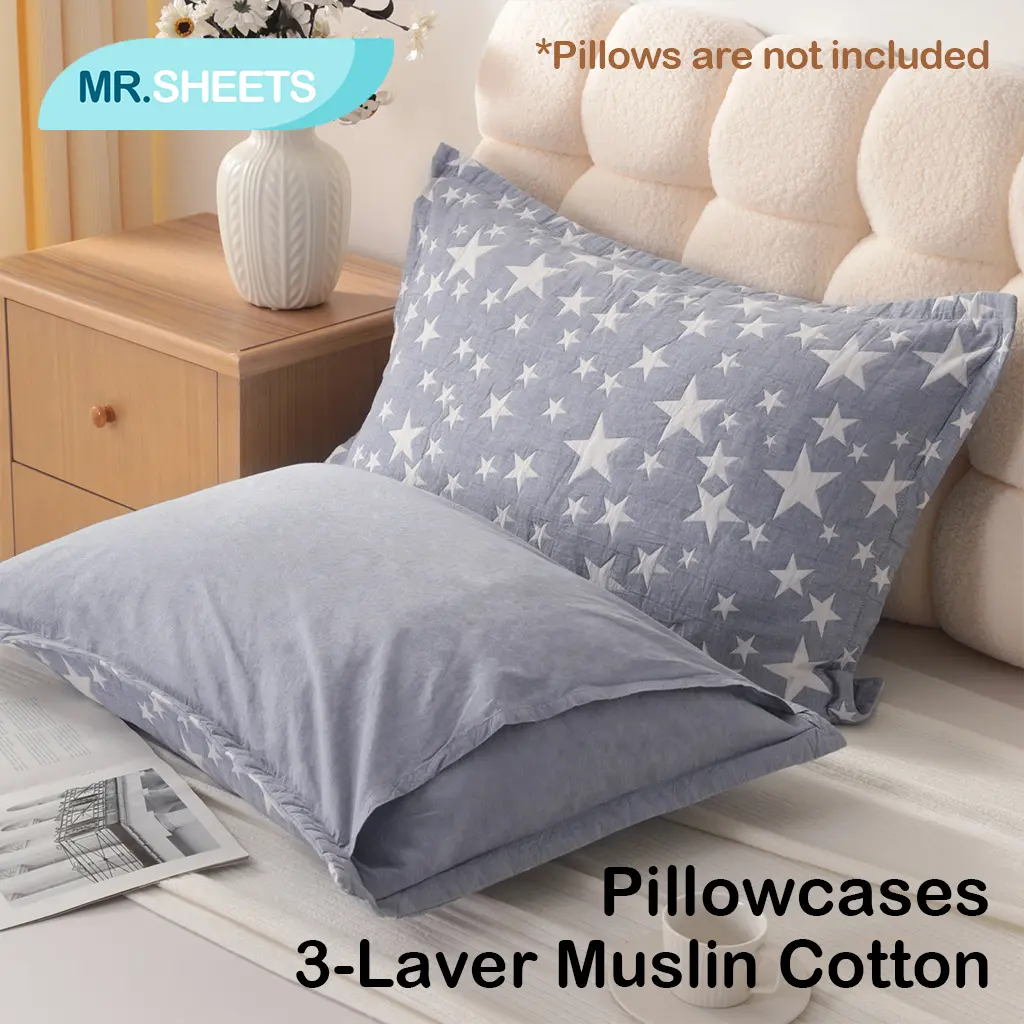 NTBAY 2 Pack 3-Layer Muslin Cotton Pillowcases – Soft Quilted Cushion Covers with Light Warmth & Envelope Closure, Bed Linens, Hotel Quality Bedding，Natural Cotton Bed Pillow Covers, Envelope Closure Skin-Friendly Cushion Shams, Set of 2
