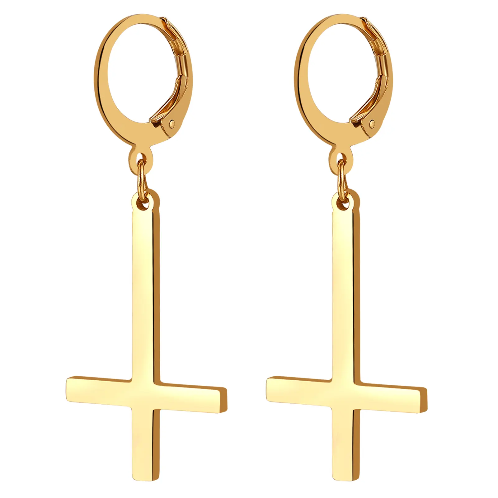 OIDEA Stainless Steel Inverted Cross Huggie Hoop Earrings - Chain Dangles, Lightweight Silver Witchy Jewelry with Talisman Protection Charm, 1.69 in, Cross Height 0.98 in, Birthday Gift for Girlfriend