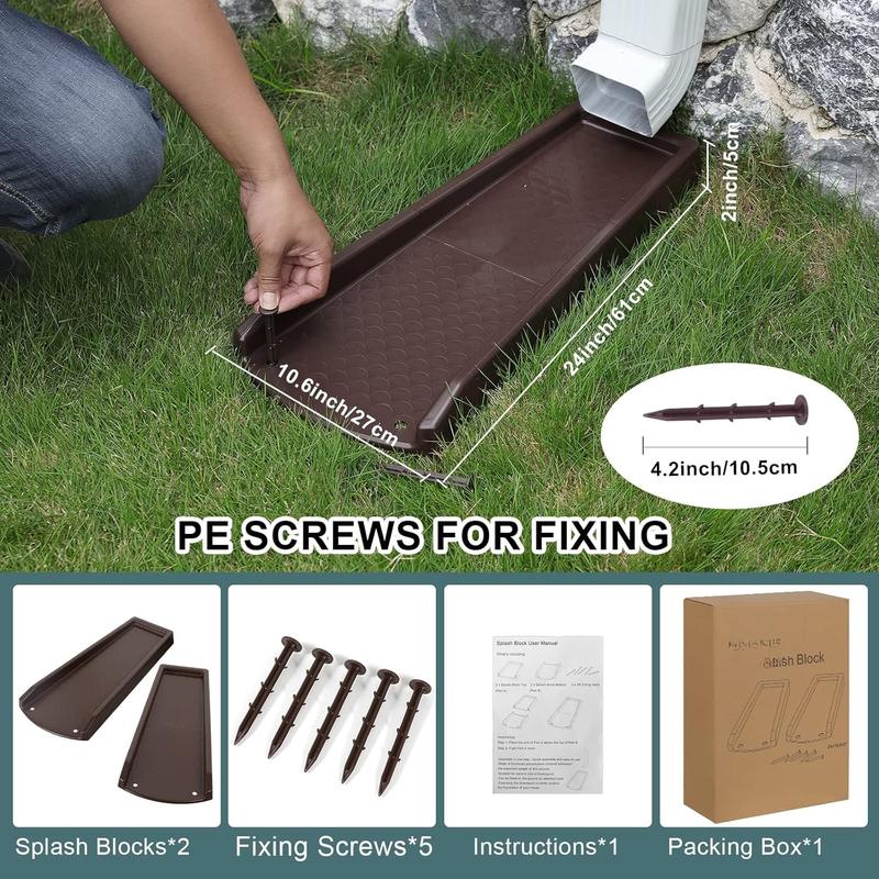 Rain Gutter Downspout Splash Block, Gutter Downspout Extensions for Water Drainage, 24" Gutter Splash Guards Downspout Extender, Fixable Down spout Drain Trays with PE Nails(2 Pack, Brown)