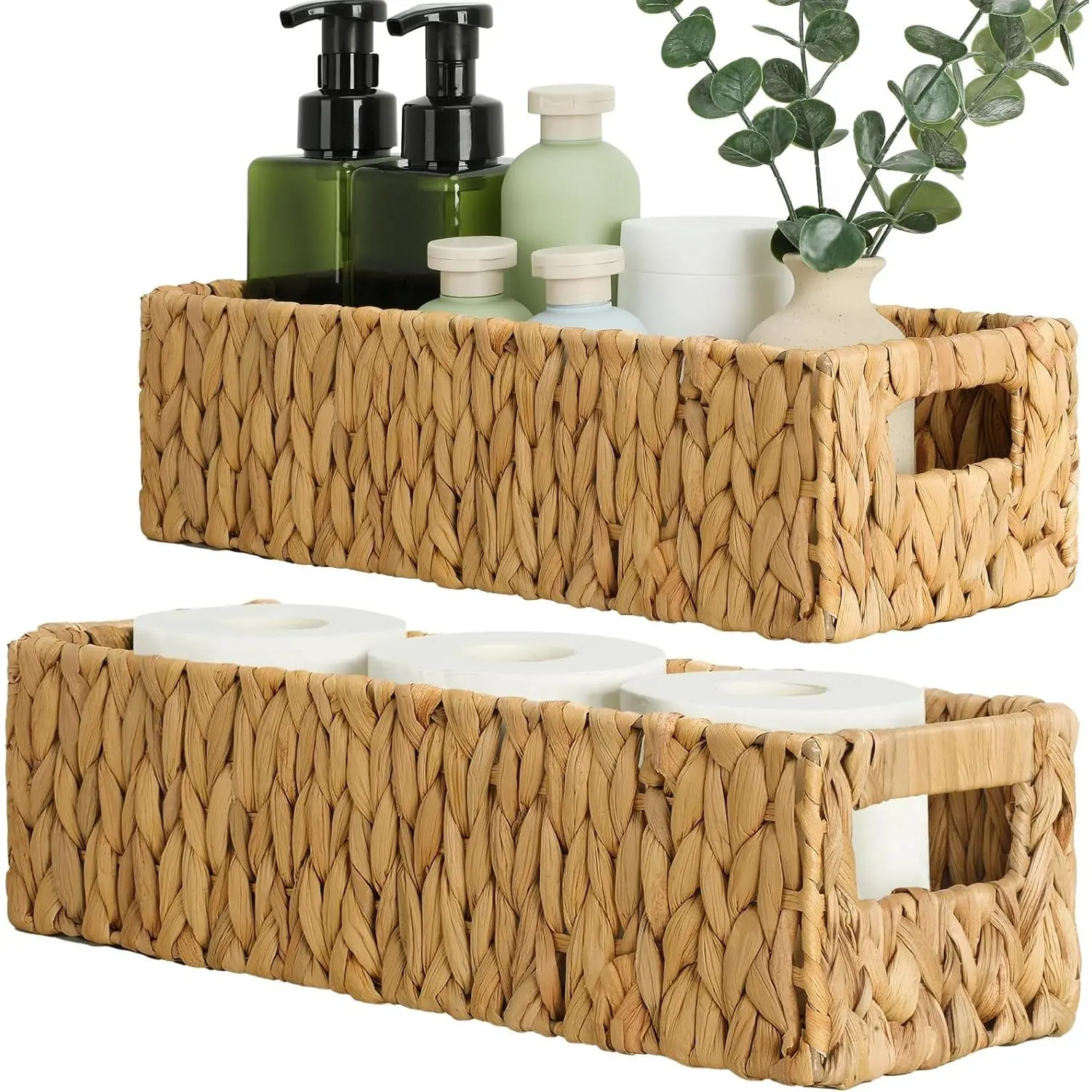 F-SBB38   Nesting Small Wicker Basket, Water Hyacinth Toilet Paper Baskets Bathroom Organizer Woven Long Narrow Baskets for Organizing Pantry Bathroom Toilet Tank, 2 Pack Hand Light