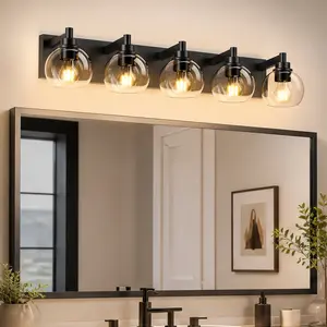 ARCH Modern Black 5-Light Bathroom Vanity Light Fixture with Clear Globe Glass Shades, Iron Wall Sconce Over Mirror, E26 Base, Matte Black Finish, Dimmable, Up/Down Mount, for Bathroom, Powder Room, Makeup Vanity, Bulbs Not Included