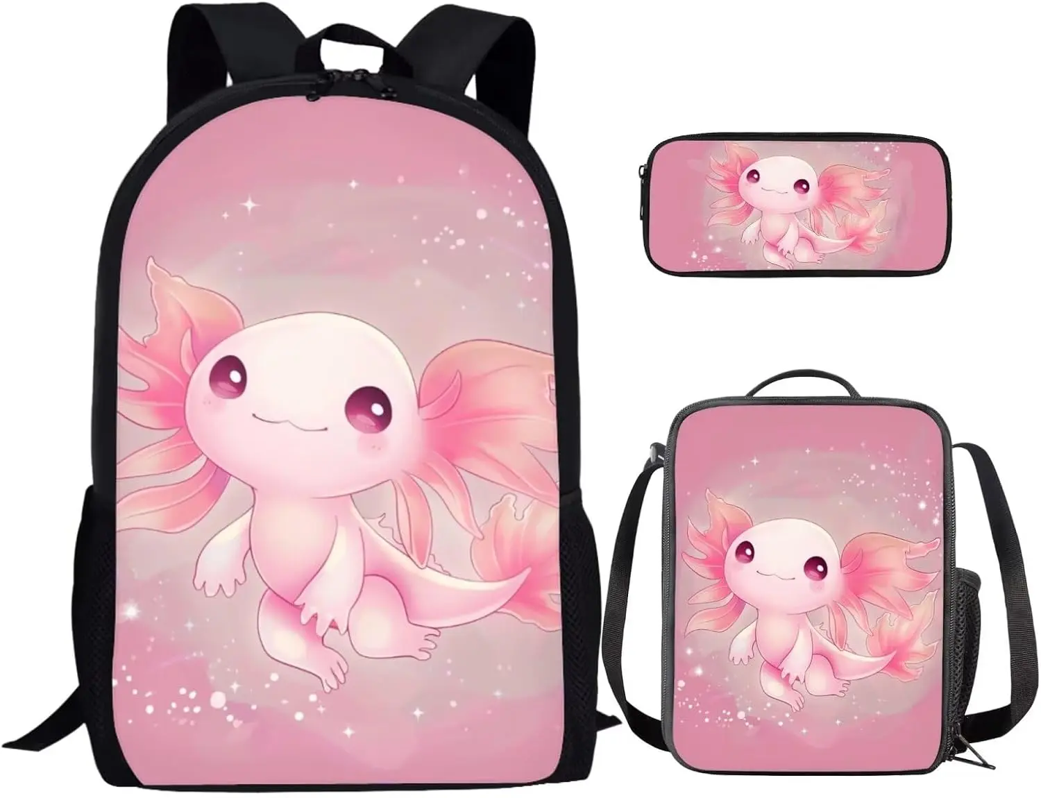 Girls' 3-in-1 Reading Axolotl Backpack Set, 17-Inch Waterproof Polyester Back to School Bookbag with Lunch Box & Pencil Case for Elementary School, Easy-Clean Interior, Female, Children, Thermal Insulation, Kawaii Cute, Healing Aesthetic, 2-Way Zippers