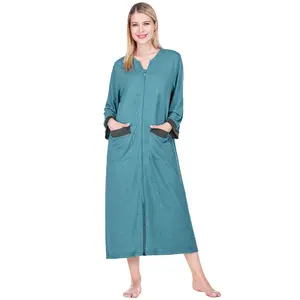 PAVILIA Women Zipper Robe, Loungewear Dress Lightweight Sleepwear Housecoat Nightgown Long Bathrobe, Jersey Robe with Pocket (Sea Blue, 2XL-3XL)