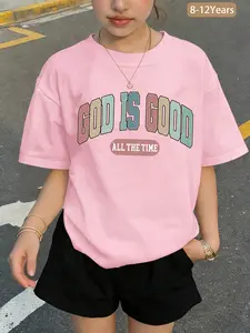 Kids' "God is God" Faith Slogan Printed Casual T-shirt, Graphic Tees, Loose and Versatile Short Sleeve Summer Top