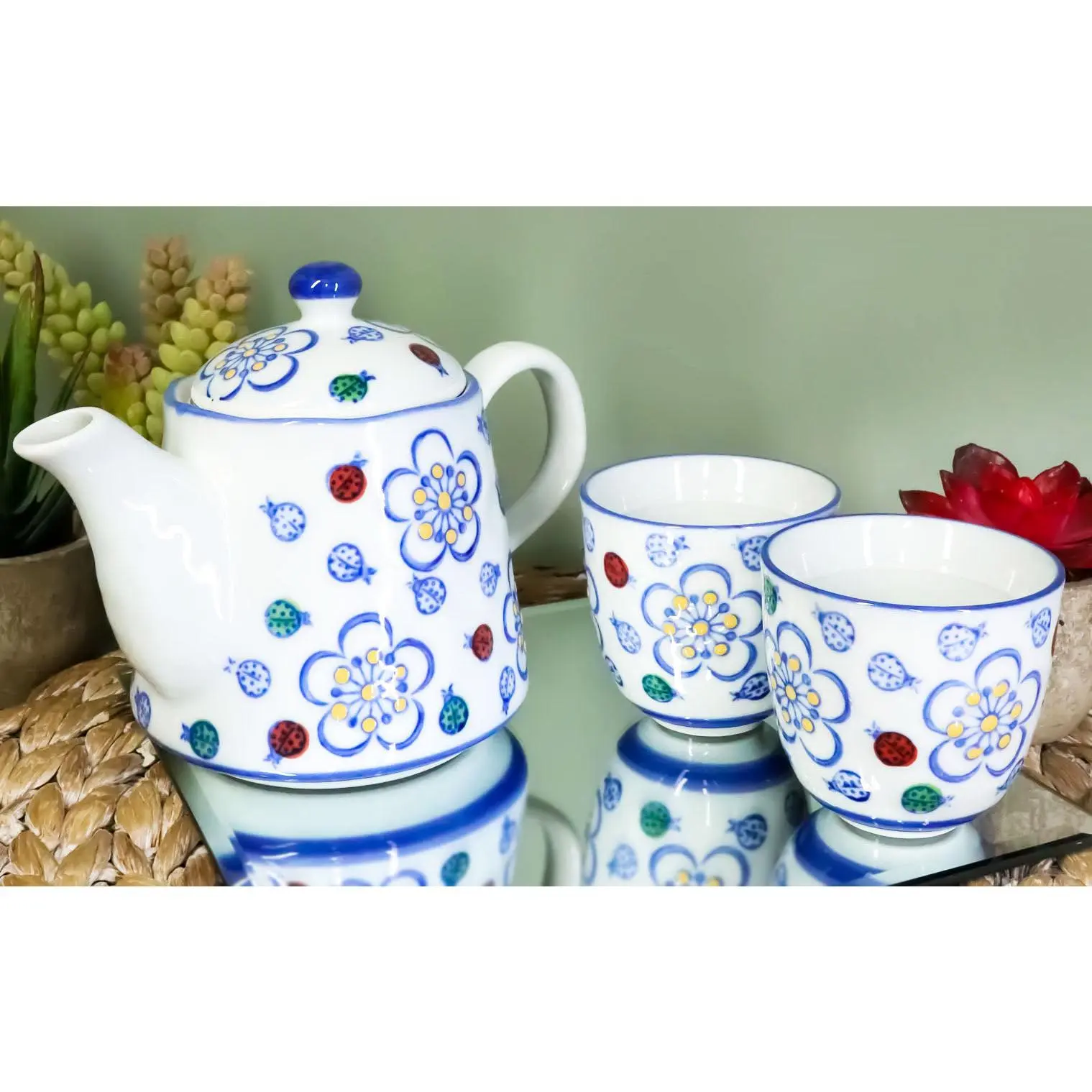 Ebros Colorful Ladybug & Flowers Pattern Glazed Ceramic 16oz Tea Pot & Cups Serves 2