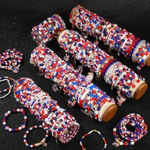 250th Anniversary USA Flag Bead Stretch Bracelet Set for Women, Red White And Blue American Independence Day Multi-layer Elastic Wristband, Elegant And Vacation Style Accessory