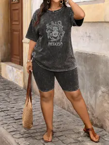 Spring and Summer Sports Slim Plus Size 2-Piece Set Patterned with Tie Dye Wash Vintage Finish Short Sleeve T-Shirt and Shorts for Women, Plus Size Athletic Jogging Set