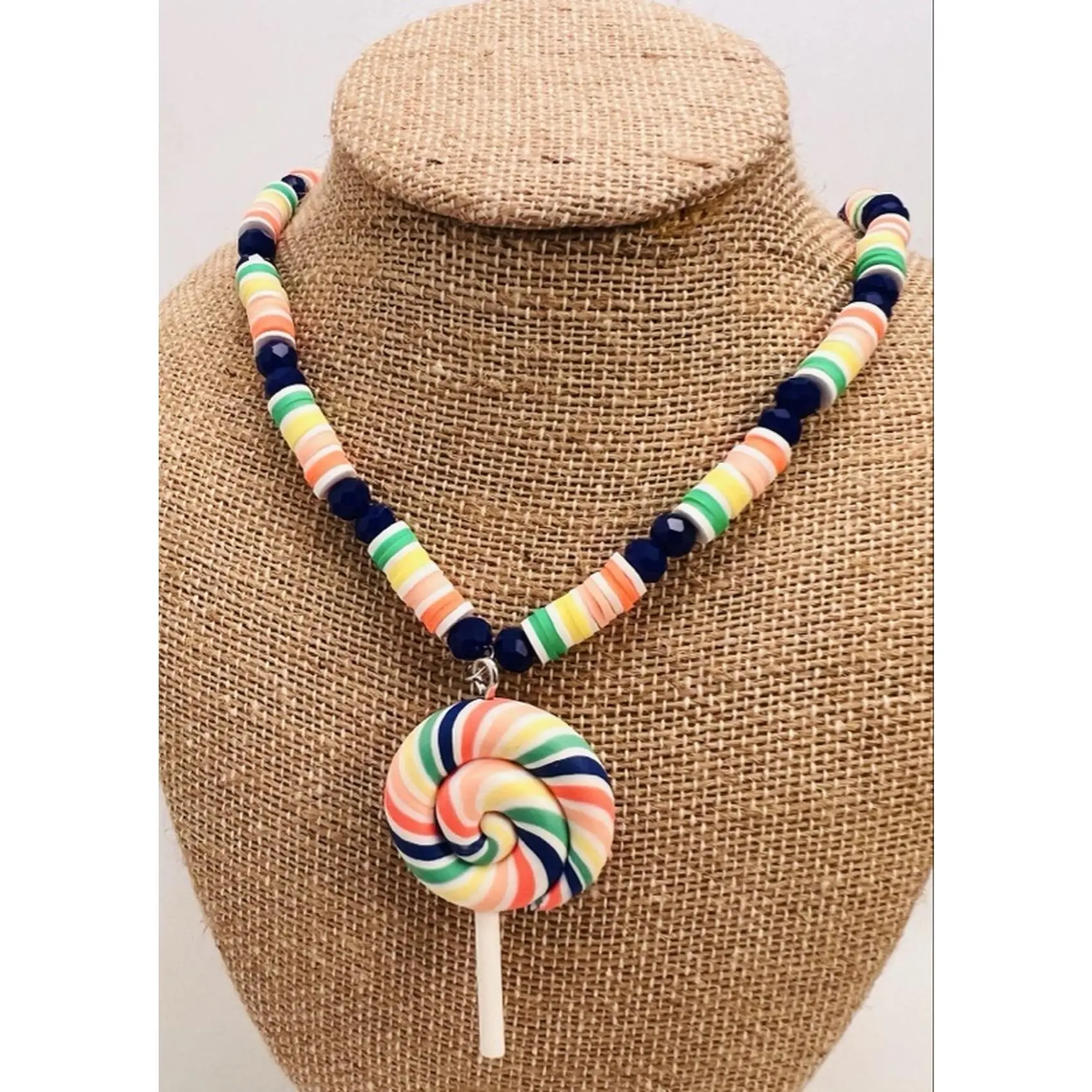 Wildberry Cream Swirl Stretchy Stackable Necklace 18 in Indie Artistic Texture Rich with Pastel Clay Heishi Disks & Midnight Blue Crystal Beads
