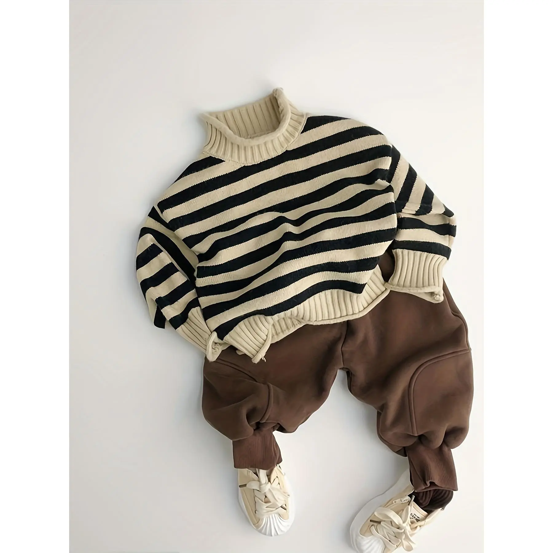 Boys' Casual Striped Knit Pullover Sweater, Retro Korean Style Crew Neck with Long Sleeves for Fall/Winter, Striped Long Sleeves, Knit Fabric, Polyester Blend