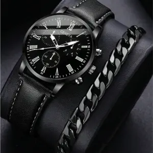 Men's Fashionable Casual Numerical Scale Dial Quartz Wristwatch and Leather Bracelet Set