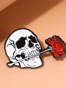 Creative Cartoon Brooch Pin, Durable Metal Pins, Rose Flower Skull Head Design, Alloy Material, Perfect for Bag and Clothing Decoration