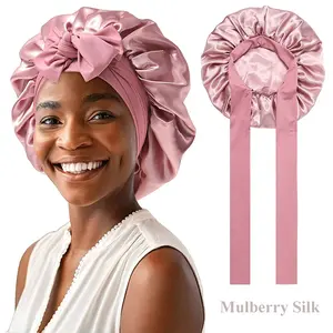 100% Mulberry Silk Sleeping Bonnet for Women Large Sleep Cap with Wide Elastic Tie Band for Curly Dreadlock Braid Hair Care - Haircare